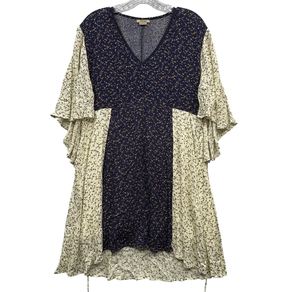 Anama Women's Floral Print Tunic Top V Neck Ruffle Sleeve Boho Cottage Core L